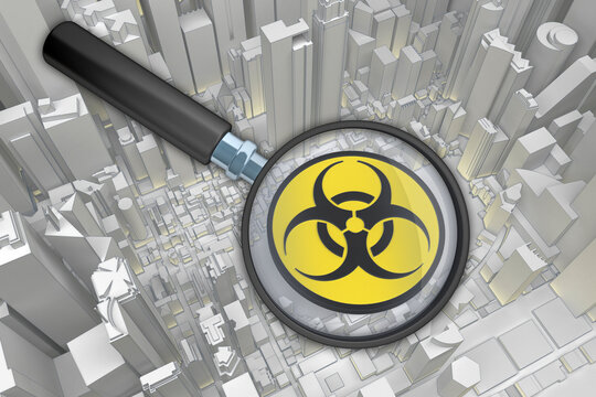 biohazard symbol in abstract city with a magnifying glass