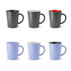 Illustration of Six Realistic Ceramic Coffee Cup or Tea Mug on a White. Isolated Mockup with Shadow Effect, and Copy Space for Your Design