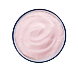 Bowl with delicious organic yogurt isolated on white, top view