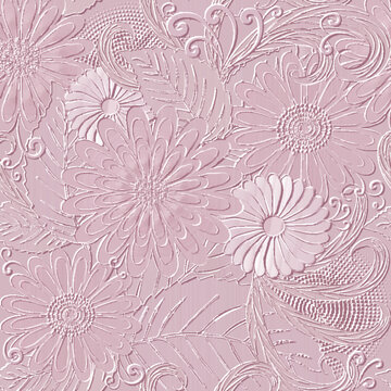 3d embossed blossom daisy and chamomile flowers seamless pattern. Textured beautiful flowers relief pink background. Repeat emboss backdrop. Surface 3d camomile flowers ornaments. Floral pattern