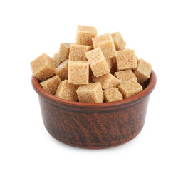 Bowl with cubes of brown sugar isolated on white