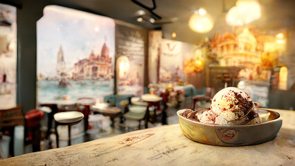Cafe Venice.Colorful ice cream waffle cone