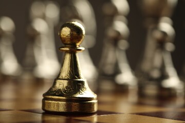 Chessboard with game pieces on grey background, closeup