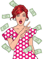 surprise shocking woman with Money Pop art retro comic style