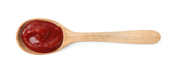 Ketchup in wooden spoon isolated on white, top view