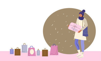 Fototapeta premium Winter sale banner, poster, flyer. Women are buys gifts. Vector illustration in flat cartoon style. 