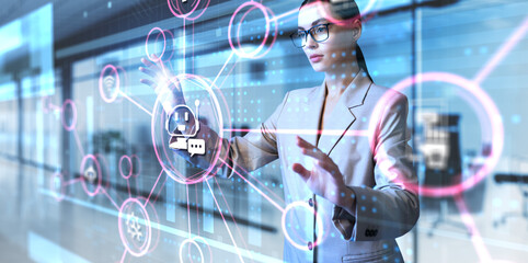 Chat bot customer communication automation. Young business woman pressing button on virtual screen.