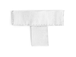 Blank clothing label isolated on white, top view