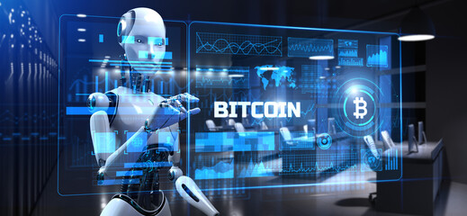 Bitcoin cryptocurrency BTC trading. Robot pressing button on screen 3d render.