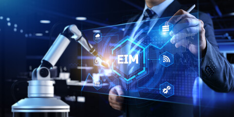 Fototapeta na wymiar EIM Enterprise information management business and industrial technology concept. 3d render cobot robotic arm.