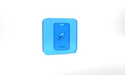 Blue Smartphone, mobile phone with leaf icon isolated on grey background. Glass square button. 3d illustration 3D render