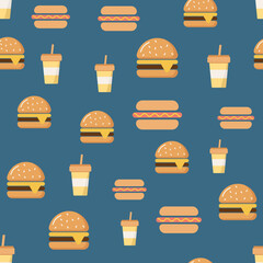simple vector pattern fast food hamburger, fried potato and egg