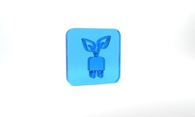 Blue Electric saving plug in leaf icon isolated on grey background. Save energy electricity. Environmental protection. Bio energy. Glass square button. 3d illustration 3D render