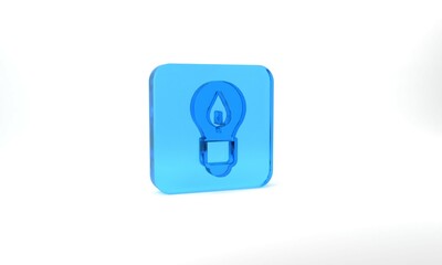 Blue Light bulb with leaf icon isolated on grey background. Eco energy concept. Alternative energy concept. Glass square button. 3d illustration 3D render