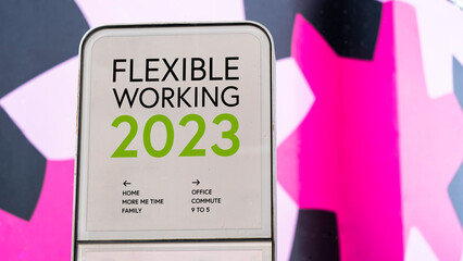 Flexible Working 2023 with colourful city backdrop location	
