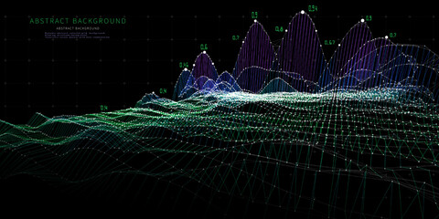 Abstract  background with grid and data on dark. Technology 3d concept. Big data. Visual presentation analysis of color graph data. Banner for business, science and technology data analytics.