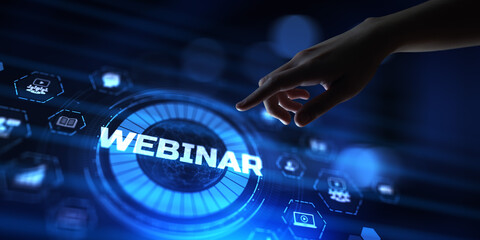 Webinar Training e-learning distance education concept. Hand pressing button on screen.
