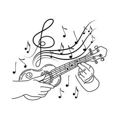 Concept of inspired ukulele playing, hand-drawn doodle. Little guitar. Hawaii. Flying notes. Music. Inspiration. Finger-picking. Isolated vector illustration on white background.