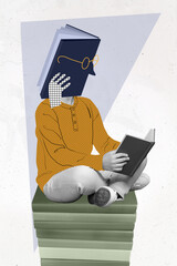 Vertical poster collage of school boy book instead head wear casual cloth isolated on painted grey...