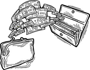 Money cash flying into and out of wallet. Income transfer, currency revenue, inflation and deflation, finance and business theme. Hand drawn vector illustration. Cartoon style line drawing.