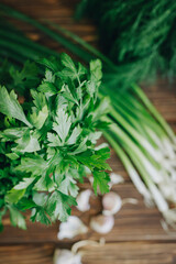 fresh green dill and parsley on wooden table