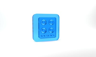 Blue Gas stove icon isolated on grey background. Cooktop sign. Hob with four circle burners. Glass square button. 3d illustration 3D render