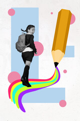 Vertical collage image of happy smiling little girl black white gamma walk big pencil drawing...