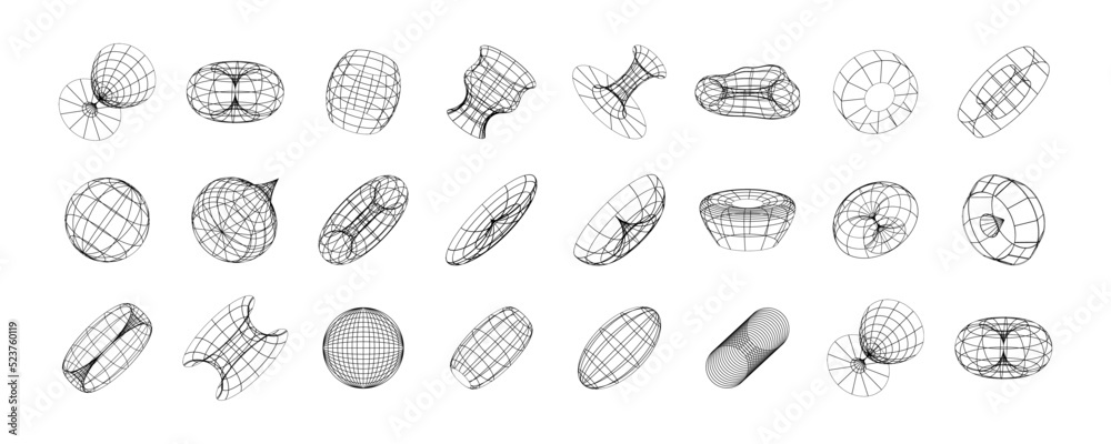 Poster Set of abstract wireframe 80s style. Retro futuristic technology in grid line for graphic element. Collection of 3D mesh illustration design form