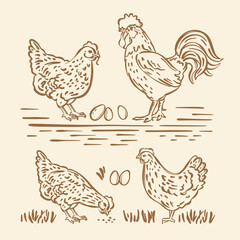 Fototapeta na wymiar HEN COCK HAND DRAWN SKETCH And Eggs Symbol Of Holy Easter Holiday Cartoon Monochrome Picture Farm Birds Characters Poultry Clipart Vector Illustration Set
