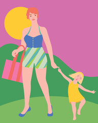 Young mother and strong-willed daughter walking home after day at the beach, holding hands. Positive parenting, secure attachment, happy childhood illustration.