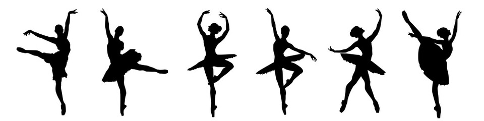 Collection of silhouette vector illustrations of ballerina dancing ballet isolated on white background. - obrazy, fototapety, plakaty