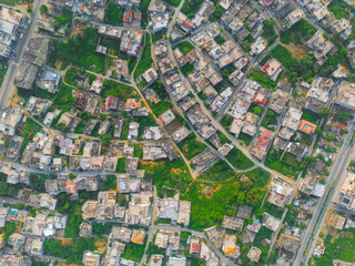 Top head view of Mirpur Azad Kashmir city shot, Buildings, houses and trafic roads, Pakistani or Indian or South Asian drone video shot