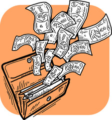 Money cash flying into and out of wallet. Income transfer, currency revenue, inflation and deflation, finance and business theme. Hand drawn vector illustration. Cartoon style line drawing.