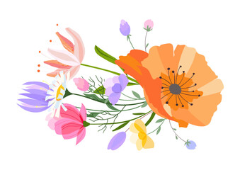 Vector floral bouquet illustration. Set of leaves, wildflowers, twigs, floral arrangements. Beautiful compositions of field grass and bright spring flowers.