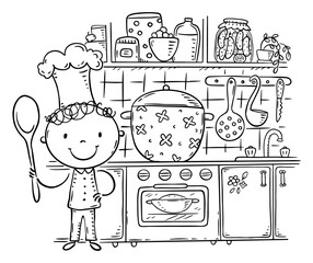 Line drawing of a cartoon kid as chief cooking in the kitchen