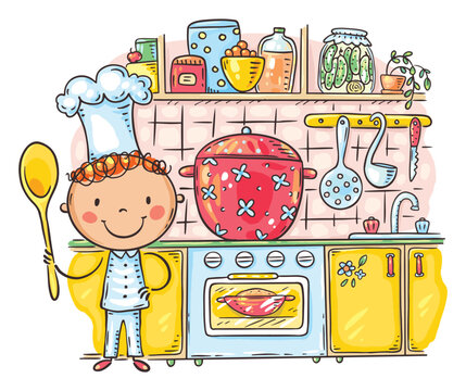 Cartoon kid as chief cooking in the kitchen