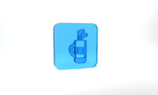 Blue Golf bag with clubs icon isolated on grey background. Glass square button. 3d illustration 3D render