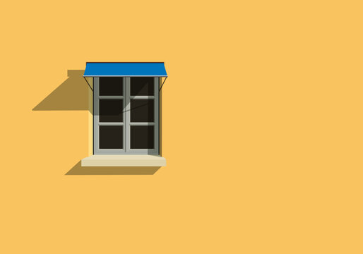 Fond de mur avec une fenêtre et un store sur une façade d’un immeuble peinte en jaune.