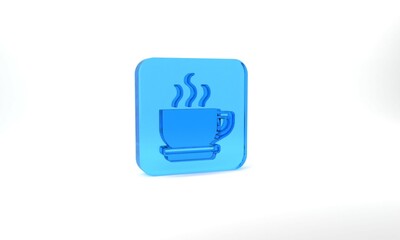 Blue Coffee cup icon isolated on grey background. Tea cup. Hot drink coffee. Glass square button. 3d illustration 3D render