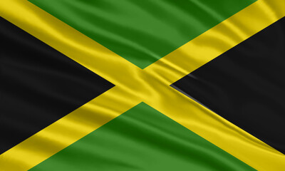 Jamaica flag design. Waving Jamaican flag made of satin or silk fabric. Vector Illustration.