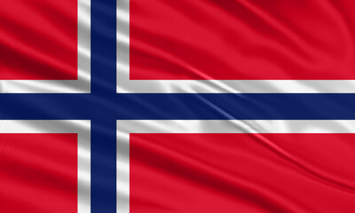 Norway flag design. Waving Norwegian flag made of satin or silk fabric. Vector Illustration.