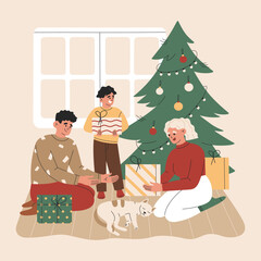 Obraz na płótnie Canvas Family near the Christmas tree, gift boxes and cat. Father, mother and boy exchange gifts, xmas tradition. Hand drawn colored vector illustration isolated on light background. Flat cartoon style