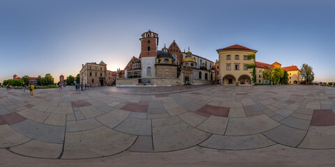 Fototapeta premium full 360 hdri panorama on main square in Wawel Castle of old town with historical buildings, temples and town hall with a lot of tourists in equirectangular projection