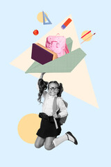 Vertical banner collage of school girl fly hold plane wear uniform isolated on painted blue color background