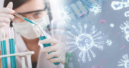 Scientist with equipment and science experiments. Science research coronavirus background.