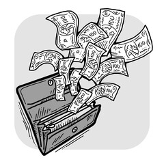 Money cash flying into and out of wallet. Income transfer, currency revenue, inflation and deflation, finance and business theme. Hand drawing illustration. Cartoon style line drawing.