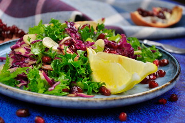 Delicious fresh salad with prawns and pomegranate.