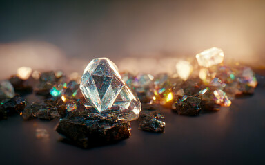 Natural gems or crystals with blurred background, 3D illustrations or 3D rendered wallpaper images.