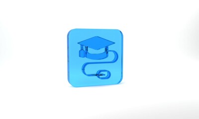 Blue Graduation cap with mouse icon isolated on grey background. World education symbol. Online learning or e-learning concept. Glass square button. 3d illustration 3D render