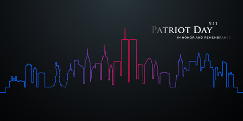 Patriot Day design template for banner, background, header. New York Skyline in color single line on black background. 911 NYC.